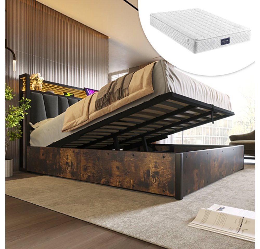 Sweiko Polsterbett (140*200cm Metallbett), mit Matratze, Stauraumbett mit LED-Beleuchtung und USB-Aufladung von Sweiko