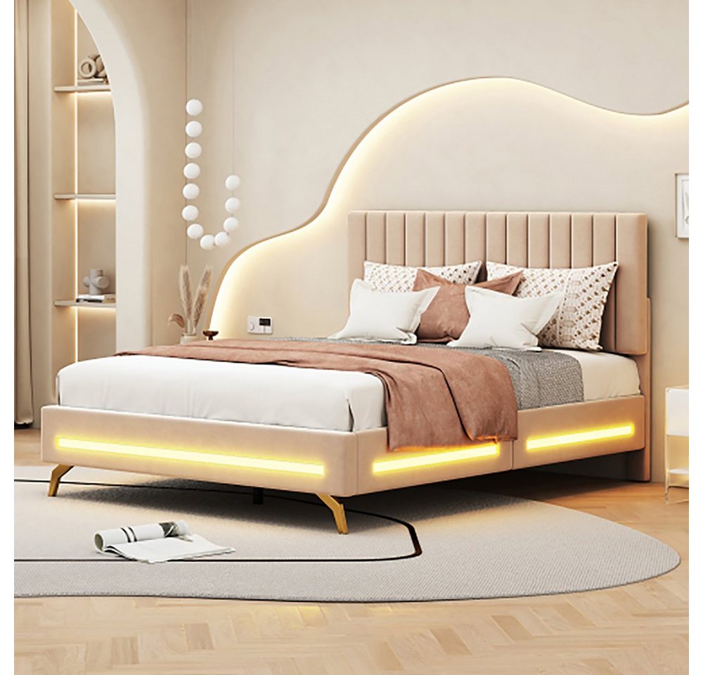 Sweiko Polsterbett (140 x 200 cm), Doppelbett mit verstellbarem Kopfteil, LED-Leuchten und Lattenrost von Sweiko