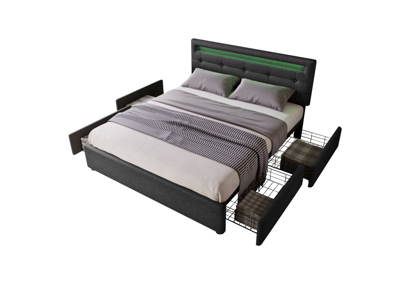 Sweiko Polsterbett (mit LED-Licht und 4 Schubladen), Stauraumbett mit höhenverstellbarem Kopfteil, 140*200cm von Sweiko