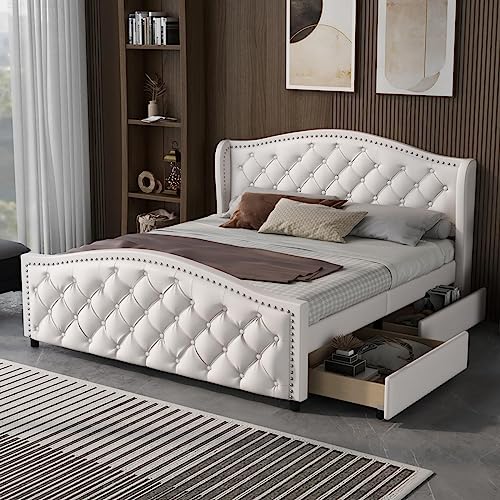 Sweiko Polsterbett 140 x 200,Bed Frame Moderne Holzbett Bett Stauraumbett Schlafzimmerbett,Doppelbett Bett mit Lattenrost, 2 Schubladen und Kopfteil mit Zugpunktnieten von Sweiko