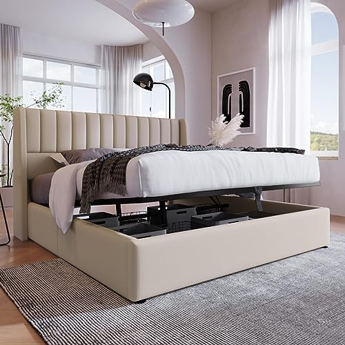 Sweiko Polsterbett 160x200cm, Leinen Hydraulisch Bett Mit seinem vertikalen Streifendesign, Modernes Lattenrost Bet mit Stauraum,Funktionsbett von Aufbewahrung mit Metallrahmen Beige(Ohne Matratze) von Sweiko