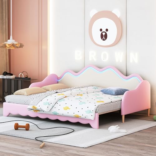 Sweiko Polsterbett 90 (180) x 190 cm, multifunktionales 2-in-1-Schlafsofa aus Kunstleder mit LED-Beleuchtung, Kinderbett mit Lattenrost (Pink) von Sweiko