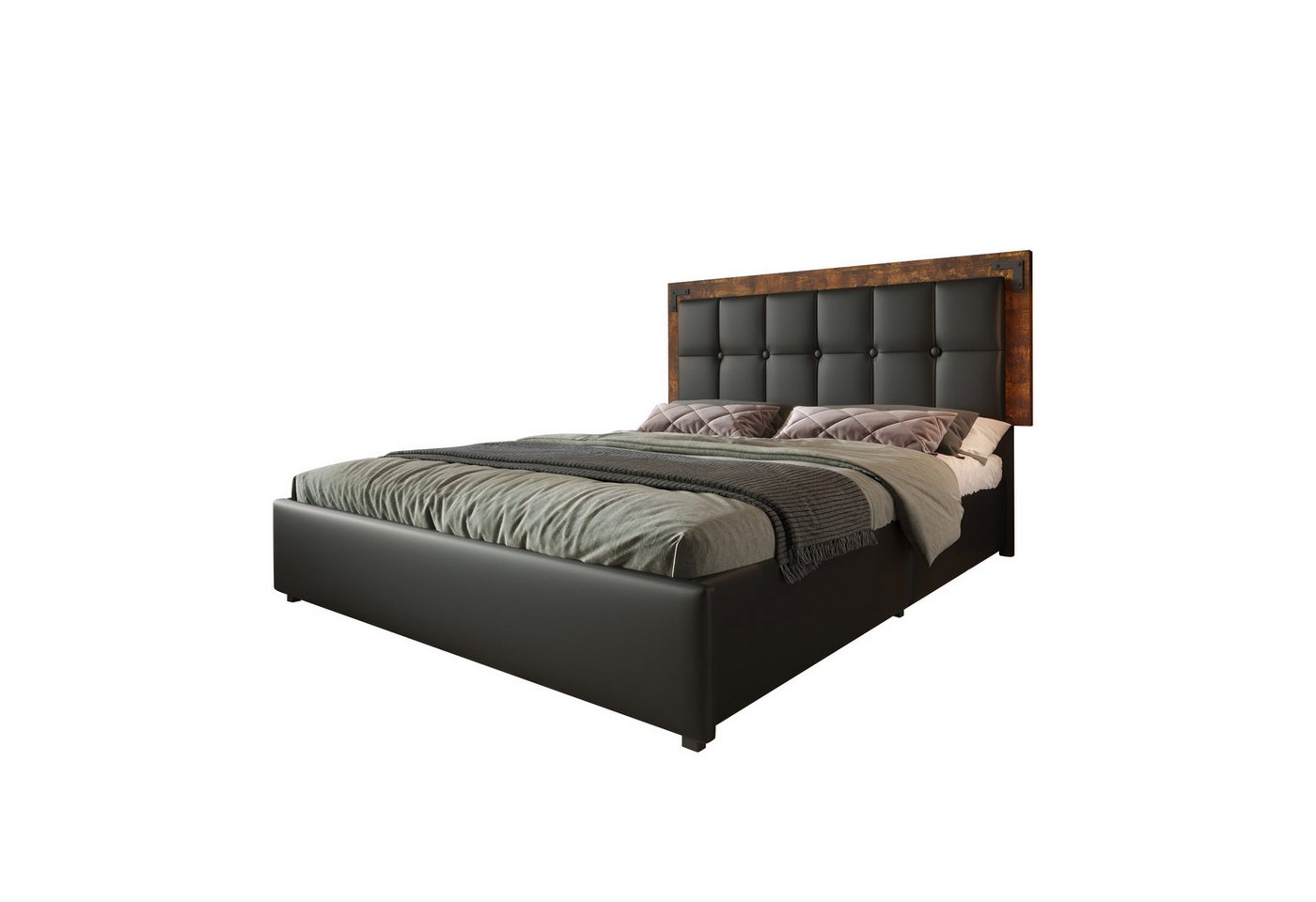 Sweiko Polsterbett Bettgestell mit LED-Beleuchtungsleiste und 4 Schubladen, (Einzelbett mit Höhenverstellbarem Kopfteil, Funktionsbett,PU,Schwarz) von Sweiko