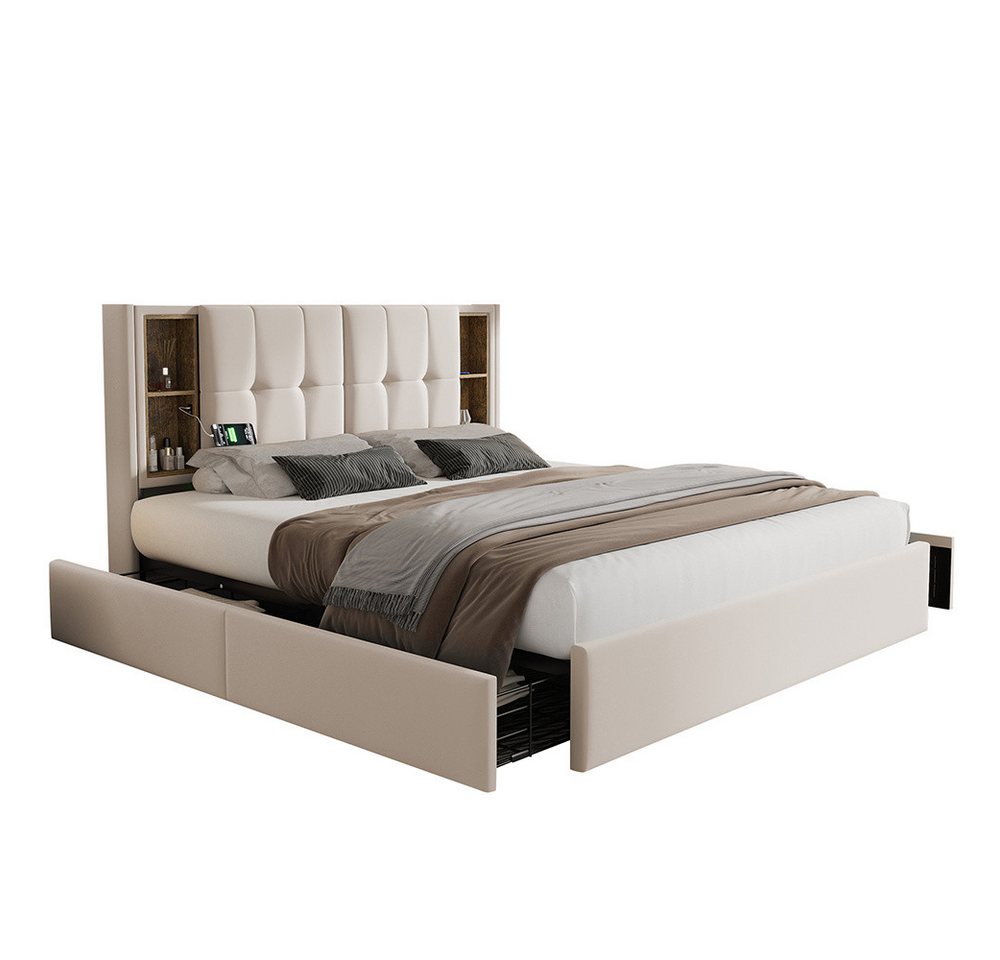 Sweiko Polsterbett Doppelbett mit Kabellosem Laden USB C& 4 Schubladen, (Lattenrost aus Holz), Beige Samt (Ohne Matratze) von Sweiko