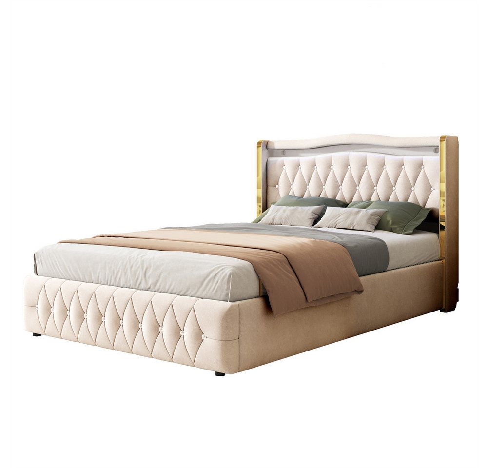 Sweiko Polsterbett Hydraulikbett Doppelbett mit hellen Streifen und LED-Beleuchtung (Jugendbett mit hellen Rautenakzenten,Stauraumbett mit Hydraulik zur Lagerung), 140*200cm Ohne Matratze von Sweiko