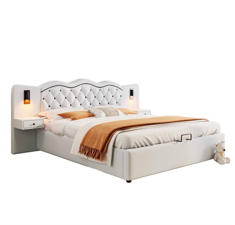 Sweiko Polsterbett Hydraulisches Doppelbett Stauraumbett (Funktionsbett mit 2 Nachttischlampen und USB-Anschluss, Integriertes Kopfteil), 180*200cm Ohne Matratze von Sweiko