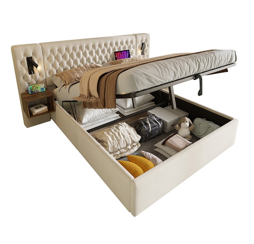 Sweiko Polsterbett Polsterbett ettanlage Schlafzimmer Komplett Set (Hydraulisch Stauraumbett mit 2 Nachttischen, 1-tlg., Kopfteil Leselicht mit USB Ladefunktion), Ohne Matratze,Beige, Samt,Doppelbett 180×200 cm von Sweiko