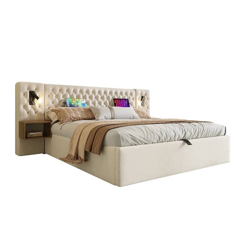 Sweiko Polsterbett Polsterbett ettanlage Schlafzimmer Komplett Set (Hydraulisch Stauraumbett mit 2 Nachttischen, 1-tlg., Kopfteil Leselicht mit USB Ladefunktion), Ohne Matratze,Beige, Samt,Doppelbett 160×200 cm von Sweiko