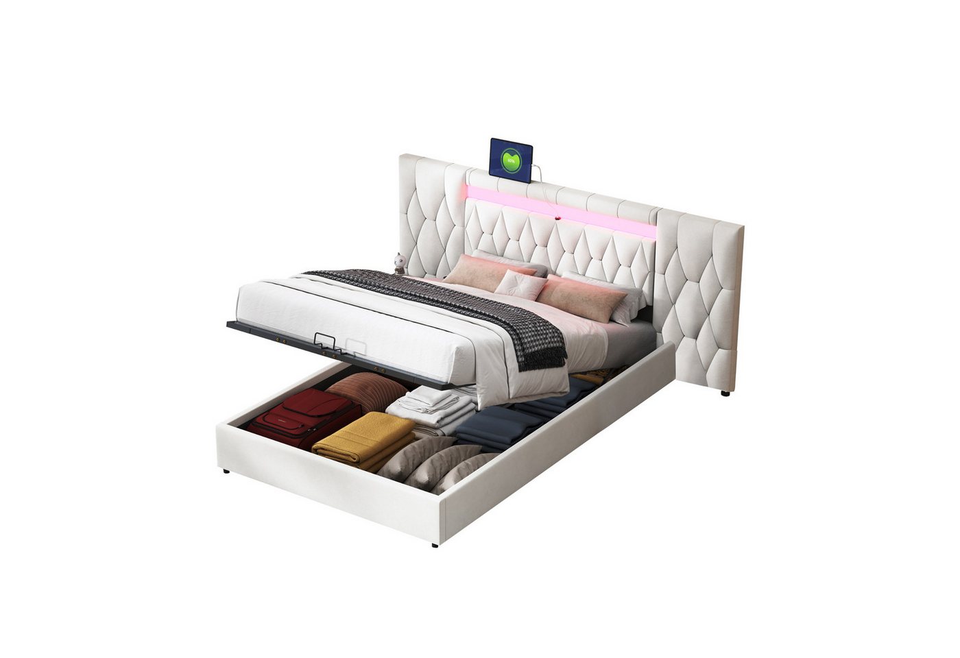 Sweiko Polsterbett Stauraumbett mit großer Rückenlehne, (mit Samtbett mit LED und USB-Steckdose, hydraulisches Stauraumsystem) von Sweiko