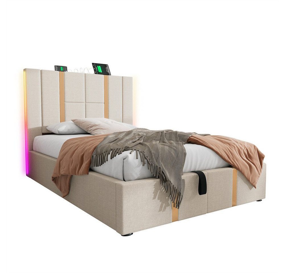 Sweiko Polsterbett mit USB und Typ-C Ladefunktion,LED Beleuchtung (Hydraulisches Stauraumbett mit Bettkasten, Bettgestell mit Lattenrost, Leinenmaterial), Einzelbett 90x200cm,Beige (ohne Matratze) von Sweiko