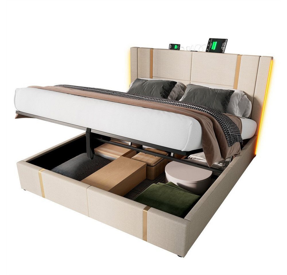 Sweiko Polsterbett mit USB und Typ-C Ladefunktion,LED Beleuchtung (Hydraulisches Stauraumbett mit Bettkasten, Bettgestell mit Lattenrost, Leinenmaterial) von Sweiko