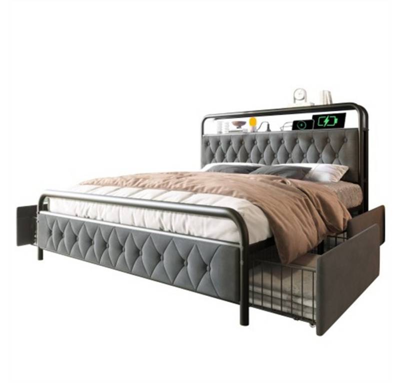 Sweiko Polsterbett mit aufladen USB Type C Ladefunktion APP-Control LED (Einzelbett mit Bettrahmen und 4 Schubladen, Samt,Bettgestell Metallbett), 140×200 cm von Sweiko