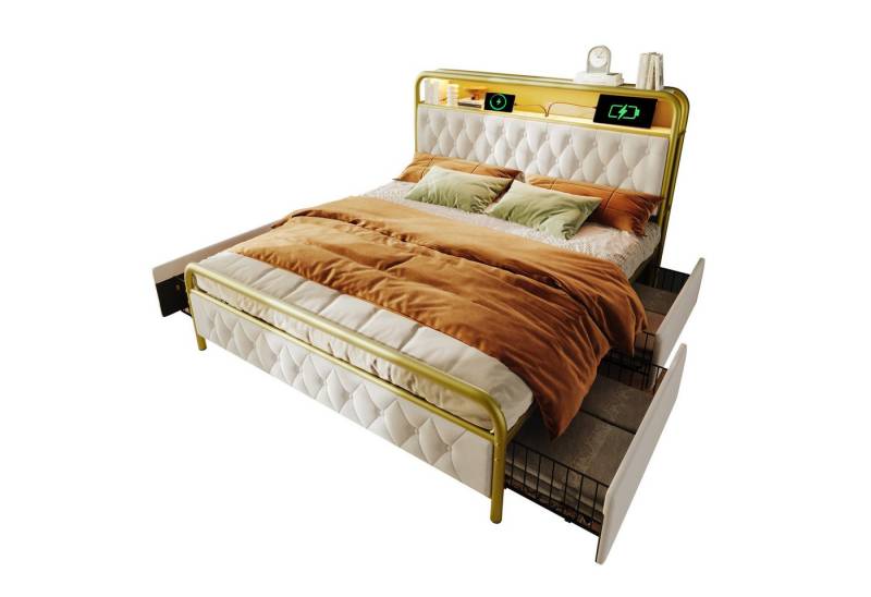 Sweiko Polsterbett mit aufladen USB Type C Ladefunktion APP-Control LED (Einzelbett mit Bettrahmen und 2 Schubladen, Samt,Bettgestell Metallbett), 160×200 cm von Sweiko