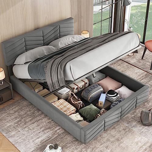 Sweiko Polsterbett140 x 200,Bed Frame Moderne Holzbett Bett Stauraumbett Schlafzimmerbett,Doppelbett,HydraulischesFunktionsbett,Samt,Streifen-Stil,Continentalbett,höhenverstellbares Kopfteil,grau Sweiko Polsterbett140 x 200,Bed Frame Moderne Holzbett Bett Stauraumbett Schlafzimmerbett,Doppelbett,HydraulischesFunktionsbett,Samt,Streifen-Stil,Continentalbett,höhenverstellbares Kopfteil,grau von Sweiko