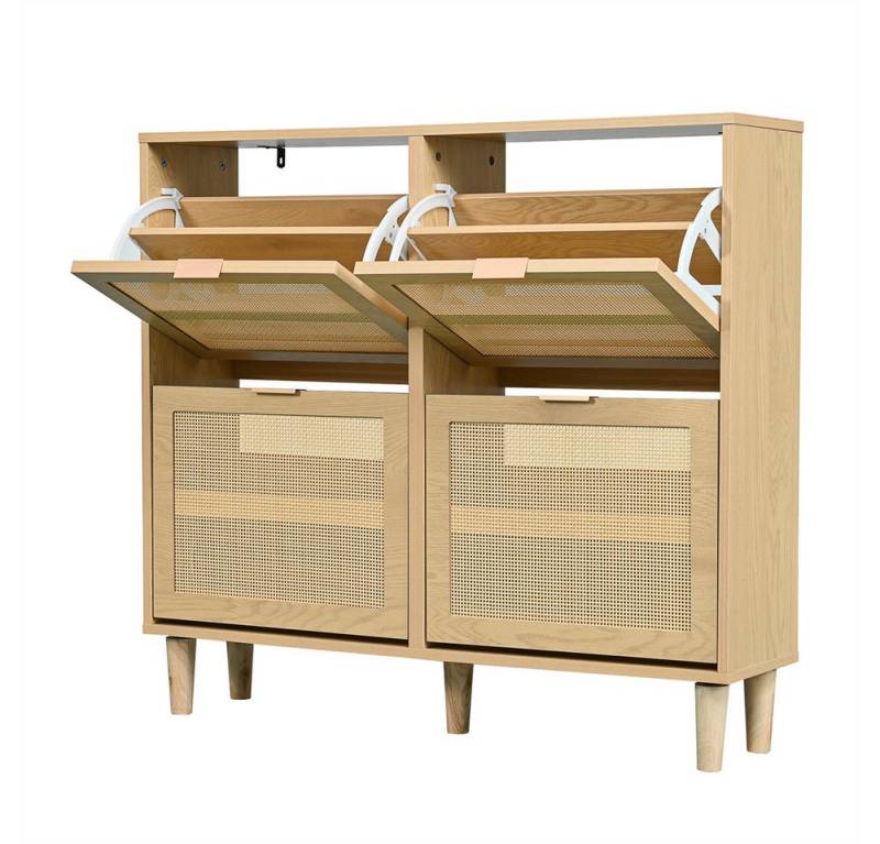 Sweiko Schuhschrank (mit 4 Klappschubladen, Schuhkommode aus Rattan mit Metallgriffen) Mehrzweck-Aufbewahrungs von Sweiko