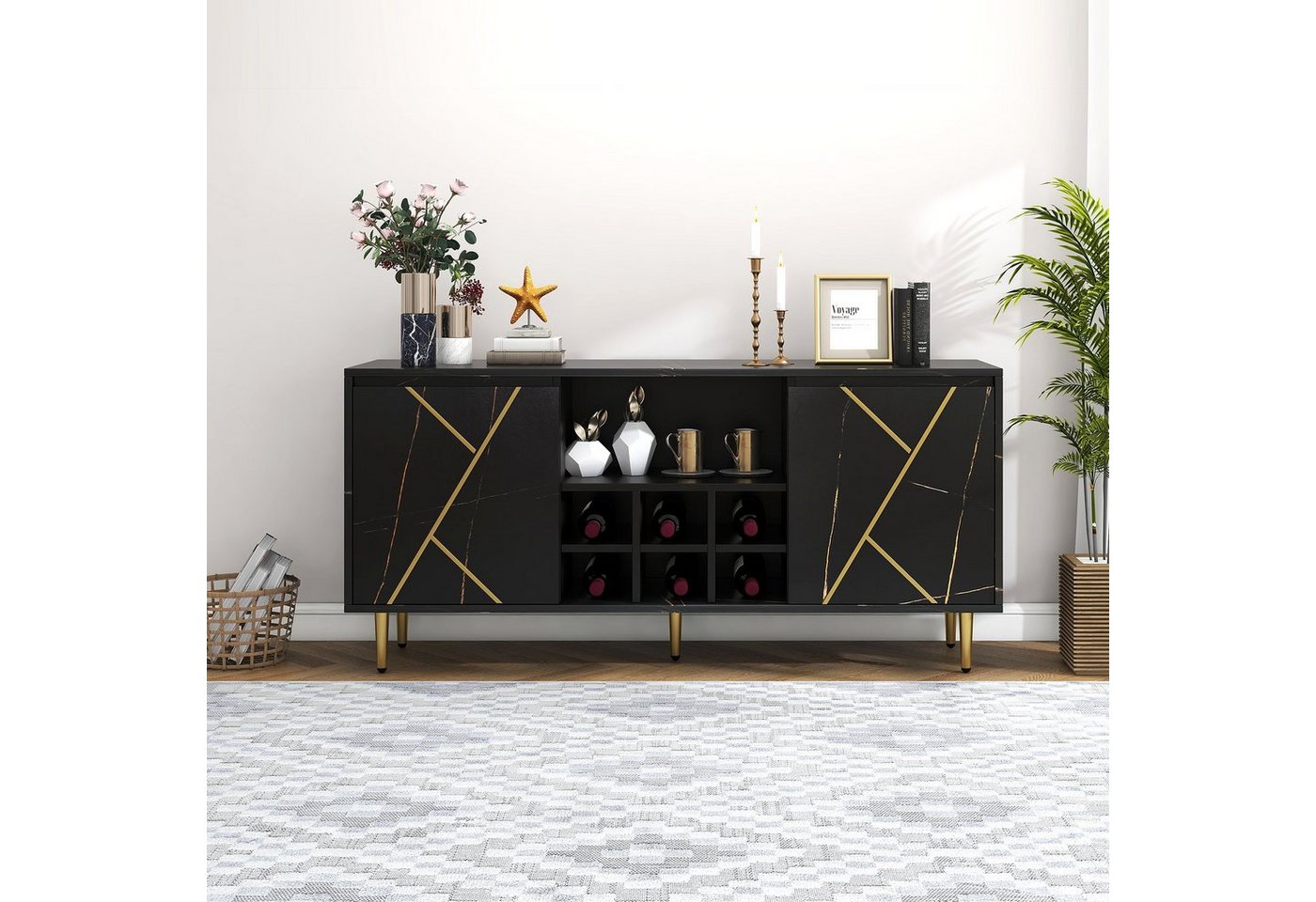 Sweiko Sideboard, Schrank mit 2 Türen, 1 Fach und Weinregal, 148x40x70 cm von Sweiko