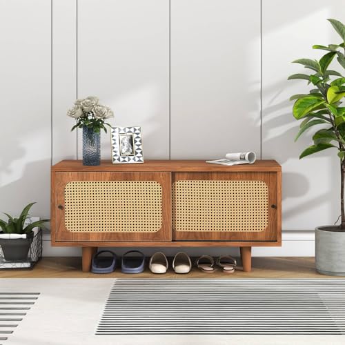 Sweiko Sideboard,Holz-TV-Schrank Kommode mit 2 Rattan-Schiebetüren,Wohnzimmerschrank mit Verstellbare Ablage Walnussfarbe Schuhschrank,Lowboard mit Massivholzbeinen für Schlafzimmer und Wohnräume von Sweiko