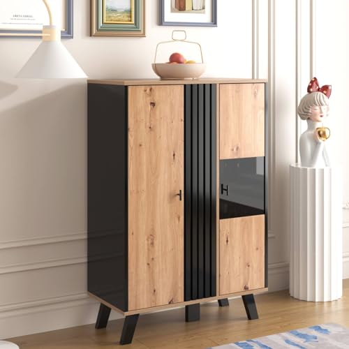 Sweiko Sideboard,Kommode Vitrinen mit LED-Licht und Glas,Holz und Schwarz Wohnzimmerschrank Buffetschrank mit Schwarzes Holzstreifendesign,Aufbewahrungsschrank für Esszimmer (Schwarz und Holzfarben) von Sweiko