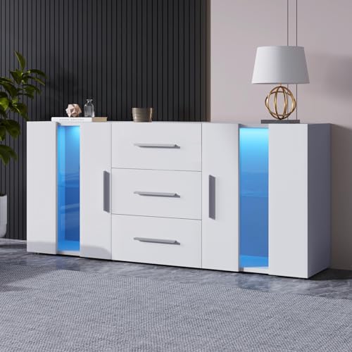 Sweiko Sideboard,Kommode mit 16 Farben LED-Leuchten,Vertikaler Schrank Anrichte mit DREI Schubladen, Multifunktional Lagerung Schrank für Wohnzimmer und Esszimmer (Weiß) von Sweiko