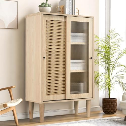 Sweiko Sideboard,Rattan Kommode mit Kunststoff-Rattantüren und Schiebetüren aus Glas,Highboard Küchenschrank mit 6 Fächern Hinter den Türen,Mehrzweckschrank für Esszimmer und Wohnzimmer(60*40*100cm) von Sweiko