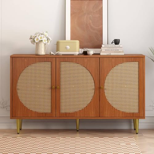 Sweiko Sideboard mit 3 Rattan verzierten Türen und Metallgriffe Kommode Highboard mit Goldfarbene Metalltischbeine,Haushaltsschrank Aufbewahrungsschrank für Schlafzimmer Wohnzimmer Büro von Sweiko