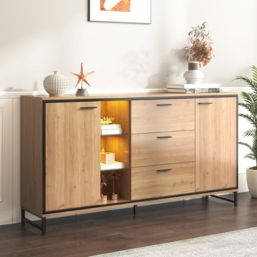 Sweiko Sideboard mit 3 Schubladen und 2 Türen, Modernes Kommode in Holzfarbe mit Verstellbare Ablagefächern Schubladenkommode Mehrzweckschrank für Flur Schlafzimmer Wohnzimmer Badezimmer Kinderzimmer von Sweiko