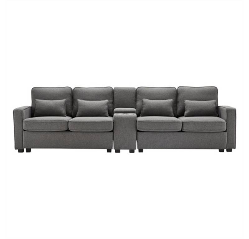 Sweiko Sofa 4-Sitzer-Sofa aus Leinenstoff mit Konsole 2 Getränkehaltern, 2 USB-Anschlüssen zum Aufladen mit Kabel, mit Armlehnentaschen und 4 Kissen von Sweiko