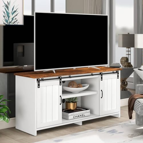 Sweiko TV-Schrank,Unterhaltungscenter Sideboard mit 2 Schiebetüren,Multifunktionaler Fernsehschrank mit Verstellbaren Regalen,Hochwertiger Holz-TV-Schrank für Esszimmer und Wohnräume (Weiß) von Sweiko