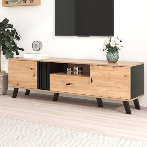 Sweiko TV-Schrank Sideboard,Kommode TV Lowboard mit Natürlich und Schwarzdesign,Fernsehtisch Buffetschrank mit Stauraum,Aufbewahrungsschrank für Esszimmer und Wohnzimmer(Natürlich und Schwarz) von Sweiko