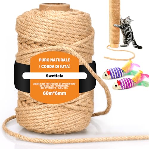 Swetfela Sisalseil für Kratzbaum, 6MM X 60M Natur Sisal Seil für Katzen, Juteschnur Spielzeug mit 2 Mäusen, Sisalseil Multifunktional Natürlich, Paketschnur für Verpackung, DIY Kunst-Handwerk von Swetfela