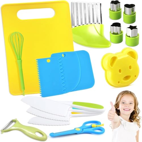 Swetfela Kindermesser 16er Set, Kinder Sicherheit Küchenmesser für echtes Kochen mit Gemüse Ausstechformen, Schneidebrett etc, Montessori Messer, Kinder Schneidemesser, für Kinder ab 2 Jahren von Swetfela