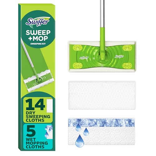 Swiffer Sweeper Trocken und Nass, Allzweck-Bodenwisch- und Reinigungs-Starter-Set mit strapazierfähigen Tüchern, enthält: 1 Bodenwischer, 19 Nachfülltücher von Swiffer