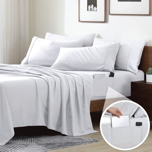 Swift Home Smart Sheets, Ultra Soft Brushed Microfiber 4-teiliges Bettlaken-Set, Spannbetttuch mit Seitentaschen - Weiß, King Size von Swift Home