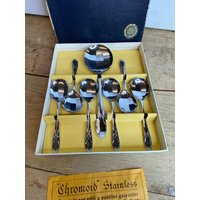 Vintage Boxed Facettierte Chromoid Edelstahl Dessert & Servierlöffel. Schönes Set in Gutem Gesamtzustand von SwiftMillVintage