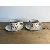 Vintage Paar Midwinter Stonehenge Wild Oats Teetassen Und Untertassen Weiß Braun Mid Century Retro in Gutem Zustand von SwiftMillVintage