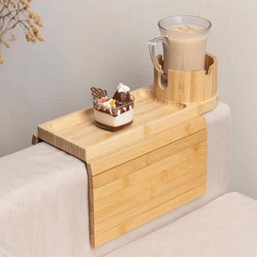 Swiftelle Getränkehalter aus Holz für die Couch, rutschfestes Couch-Armtablett aus Bambus und Getränkehalter für Getränke und Snacks, tragbar, faltbar für Couch, Liege oder Zweisitzer(A) von Swiftelle
