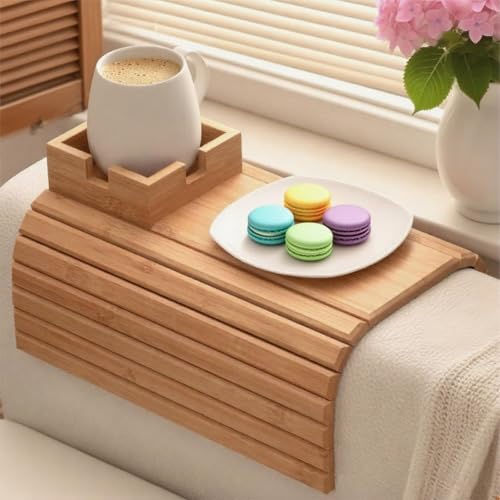 Swiftelle Getränkehalter aus Holz für die Couch, rutschfestes Couch-Armtablett aus Bambus und Getränkehalter für Getränke und Snacks, tragbar, faltbar für Couch, Liege oder Zweisitzer(B) von Swiftelle