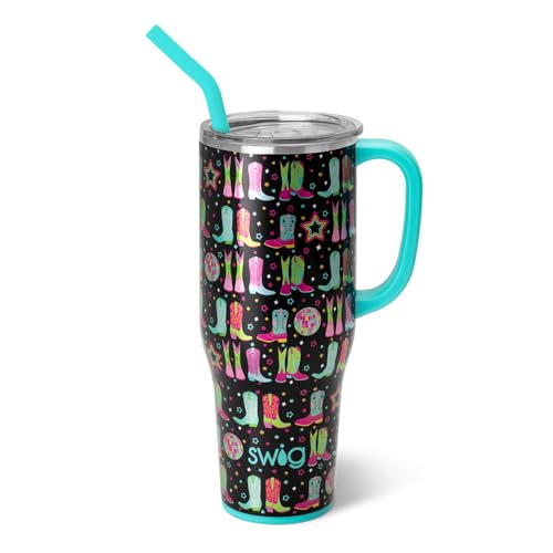 Swig Life Mega Mug, 1,2 l Becher mit Griff und Strohhalm, Becherhalterfreundlich, spülmaschinenfest, extra großer isolierter Becher, Edelstahl (Disco Cowgirl) von Swig Life
