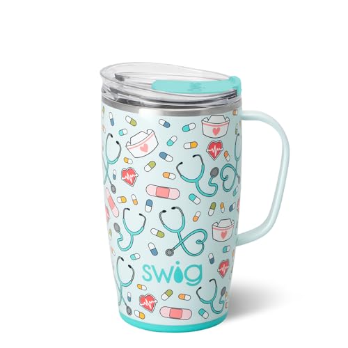 Swig Life Reisebecher, isolierter Becher mit Griff und Deckel, Becherhalterfreundlich, spülmaschinenfest, Edelstahl, Reise-Kaffeetasse, Krankenschwestergeschenke für Frauen, 530 ml (Scrub Life) von Swig Life