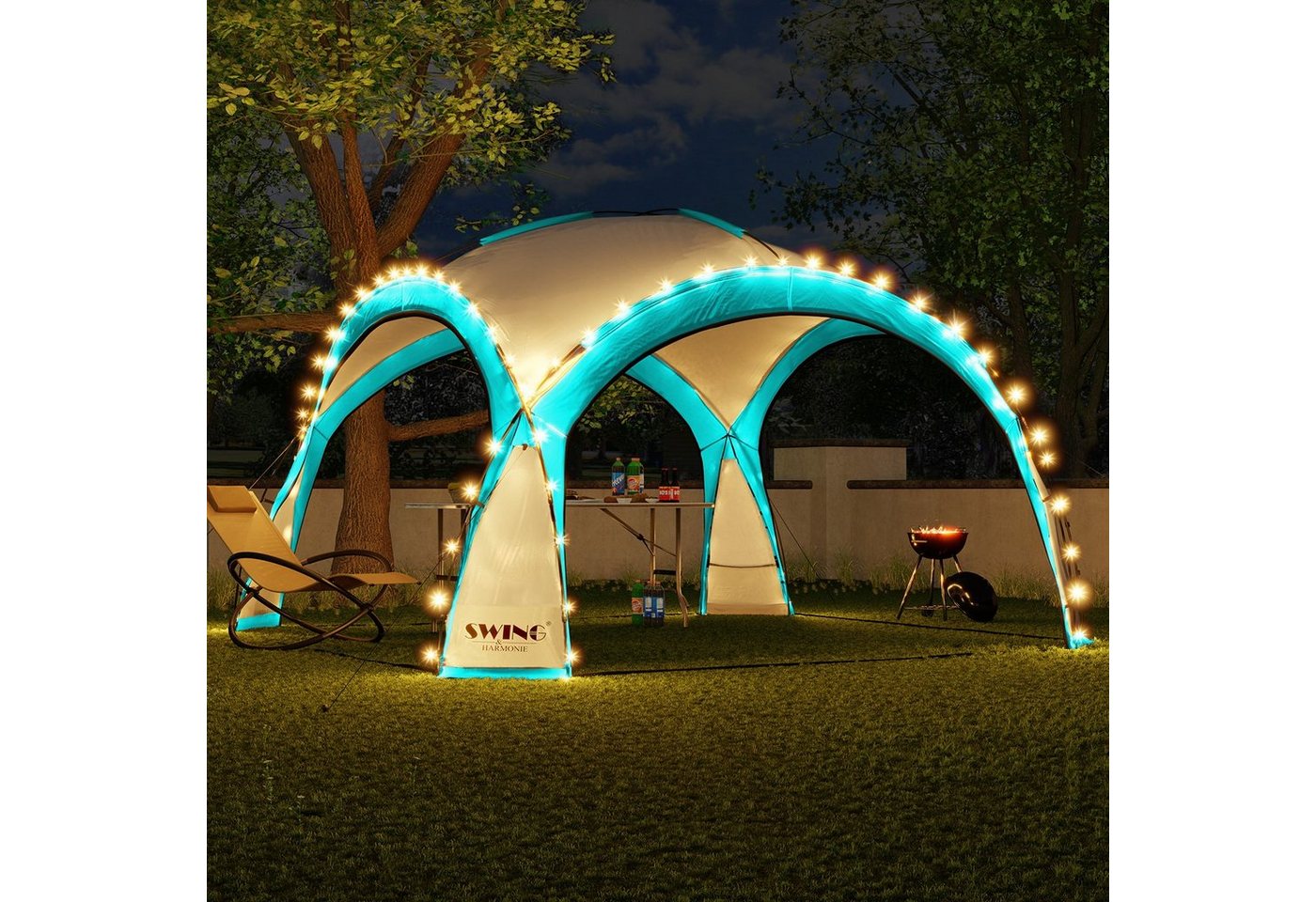 Swing&Harmonie Faltpavillon LED Event Pavillon XXL DomeShelter 450cm, inkl. Solarmodul Designer Gartenzelt mit Beleuchtung Camping Partyzelt von Swing&Harmonie