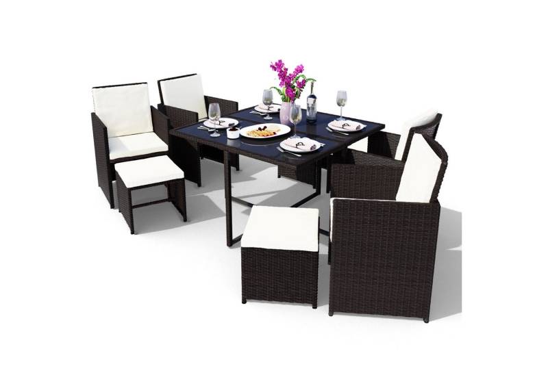 Swing&Harmonie Garten-Essgruppe Poly Rattan Sitzgruppe Esstisch Lounge Gartenmöbel, (Sitzgarnitur, Tisch, Stühle, Hocker Garnitur Set) von Swing&Harmonie