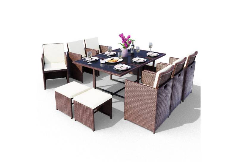 Swing&Harmonie Garten-Essgruppe Poly Rattan Sitzgruppe Esstisch Lounge Gartenmöbel, (Sitzgarnitur, Tisch, Stühle, Hocker Garnitur Set) von Swing&Harmonie