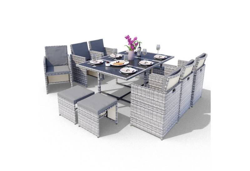 Swing&Harmonie Garten-Essgruppe Poly Rattan Sitzgruppe Esstisch Lounge Gartenmöbel Sitzgarnitur Tisch, Stühle, Hocker Garnitur Set von Swing&Harmonie