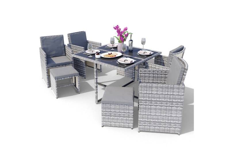 Swing&Harmonie Garten-Essgruppe Poly Rattan Sitzgruppe Esstisch Lounge Gartenmöbel, (Sitzgarnitur, Tisch, Stühle, Hocker Garnitur Set) von Swing&Harmonie