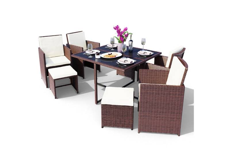 Swing&Harmonie Garten-Essgruppe Poly Rattan Sitzgruppe Esstisch Lounge Gartenmöbel Sitzgarnitur Tisch, Stühle, Hocker Garnitur Set von Swing&Harmonie