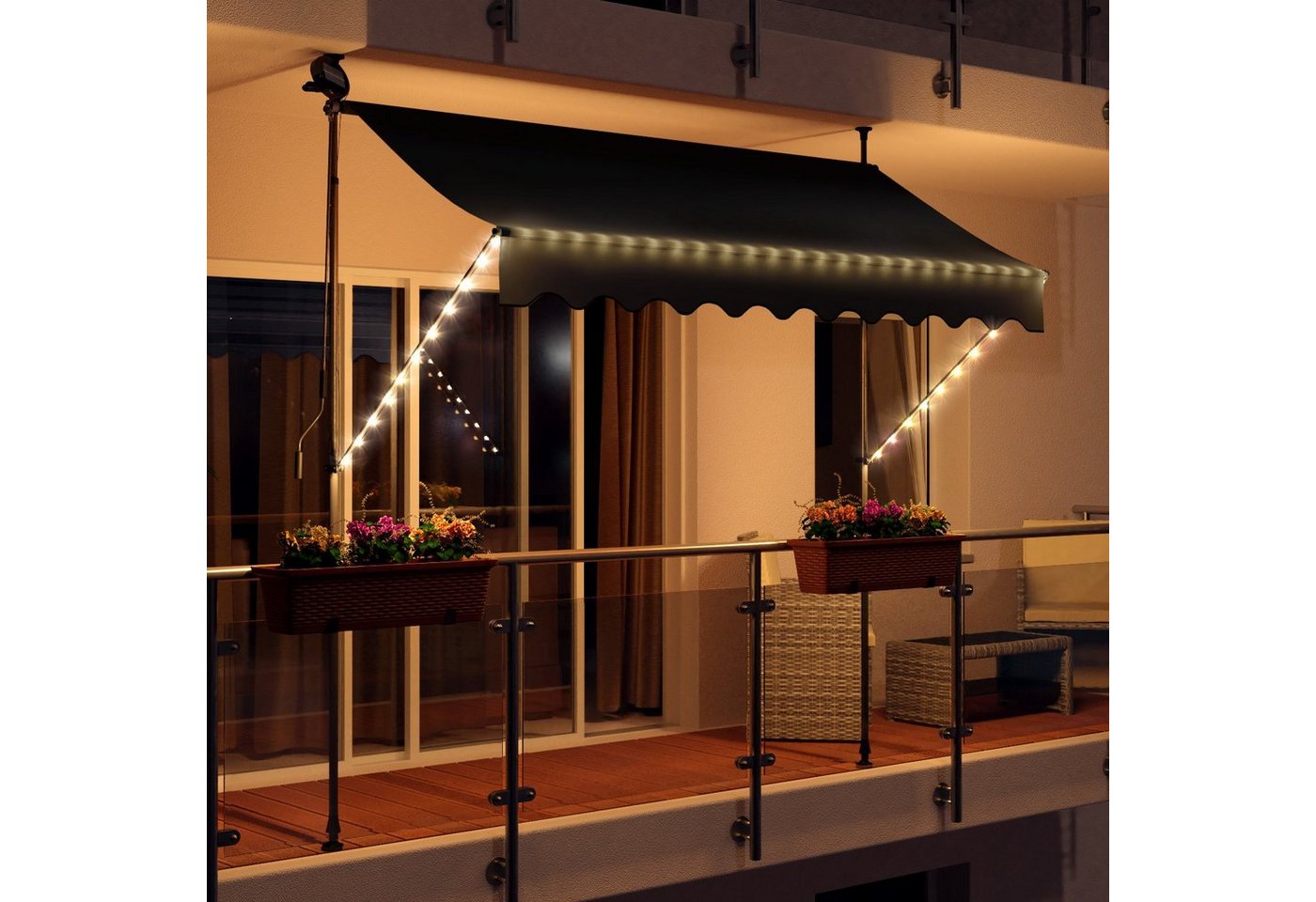 Swing&Harmonie Klemmmarkise LED - Balkonmarkise mit Kurbel Sonnenschutz Markise Terrasse Balkon 200/250/300/350 cm von Swing&Harmonie