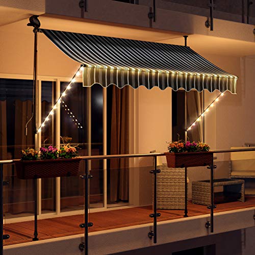 Swing & Harmonie LED - Markise mit Kurbel Klemmmarkise Balkonmarkise mit Beleuchtung und Solarmodul Fallarm Markise Sonnenschutz Terrasse Balkon (250x150, grau/Weiss) von Swing & Harmonie