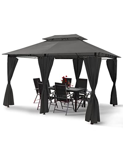 Luxus LED - Pavillon 3x4m Minzo - inkl. Seitenwände mit LED Beleuchtung + Solarmodul Gartenpavillon Partyzelt Gartenzelt (ohne Moskitonetz, anthrazit) von Swing & Harmonie