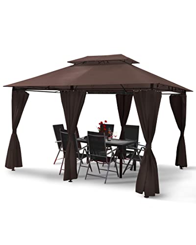 Luxus LED - Pavillon 3x4m Minzo - inkl. Seitenwände mit LED Beleuchtung + Solarmodul Gartenpavillon Partyzelt Gartenzelt (ohne Moskitonetz, braun) von Swing & Harmonie