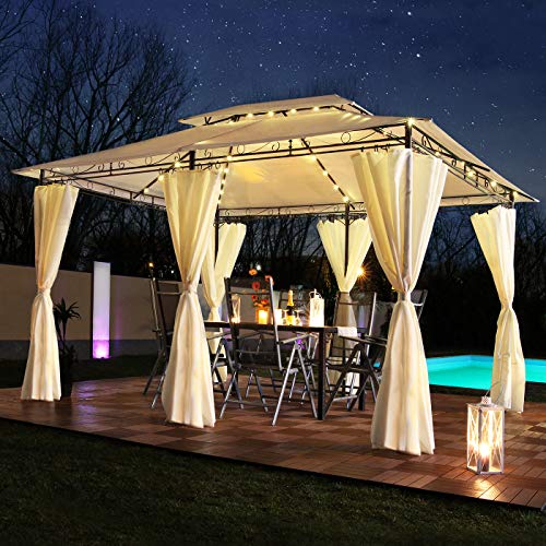 Swing & Harmonie Luxus Pavillon mit LED Beleuchtung - Hochwertiges Gartenzelt - Robustes Partyzelt - Wasserabweisender Gartenpavillon - (mit Moskitonetz, Creme) von Swing & Harmonie
